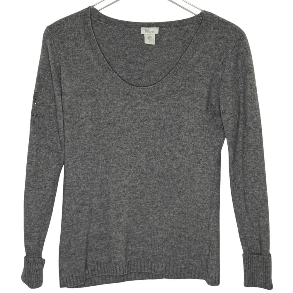 Oats Cashmere 100% Cashmere Gray Scoop Neck Sweater M Rhinestone Skull